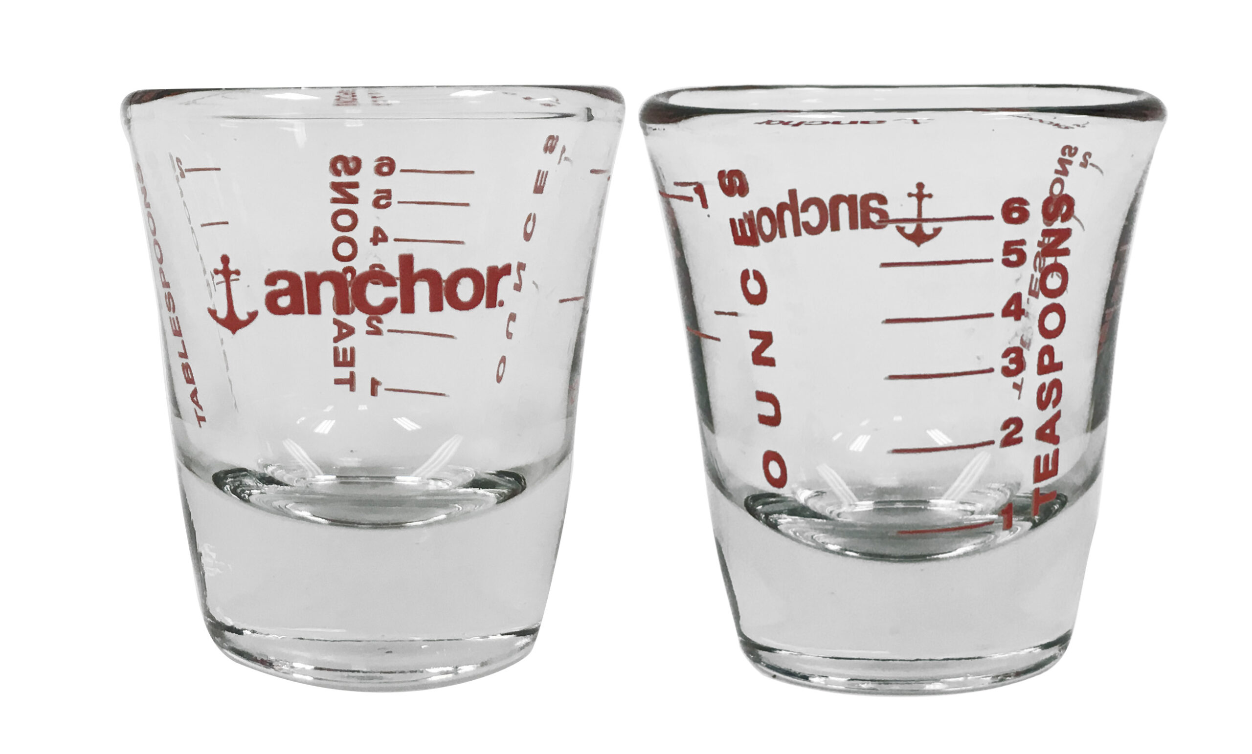 Mini Measure Shot Glass: English + Metric Measurements Clear w/Red Lettering